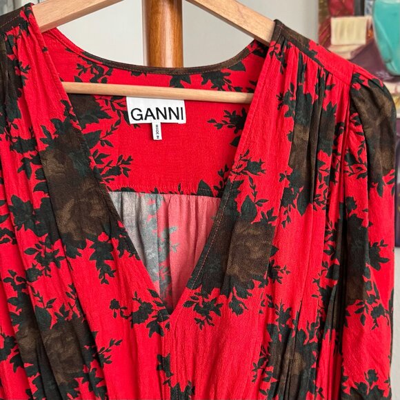 Ganni - Floral Print Crepe Mini Dress in Red - Picture 5 of 10